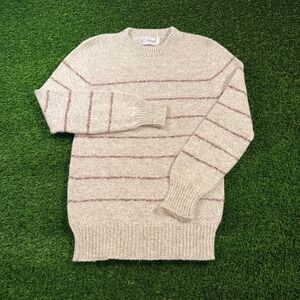 Vintage Chess King Mens Large Wool Blend Striped Crew Neck Sweater Oatmeal Red